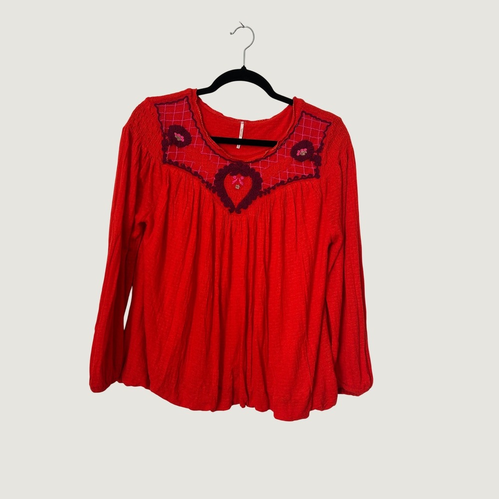 Free People Begonia Embroidered Peasant Top Womens Medium Red Boho Cottagecore